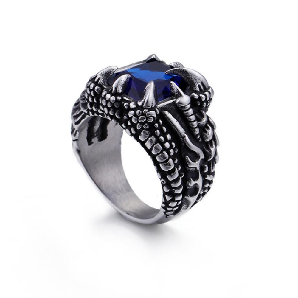 Punk Retro Signet White Red Blue CZ Crystal Zircon Dragon Claw Ring Men Women Stainless Steel Biker Rings Jewelry