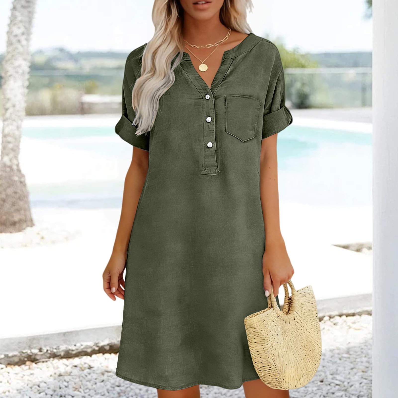 

Loose Fit V Neck Short Sleeve Shirt Dress with Button Front Pocket Design Casual Summer Dress for Women Linen Blend Fabric L