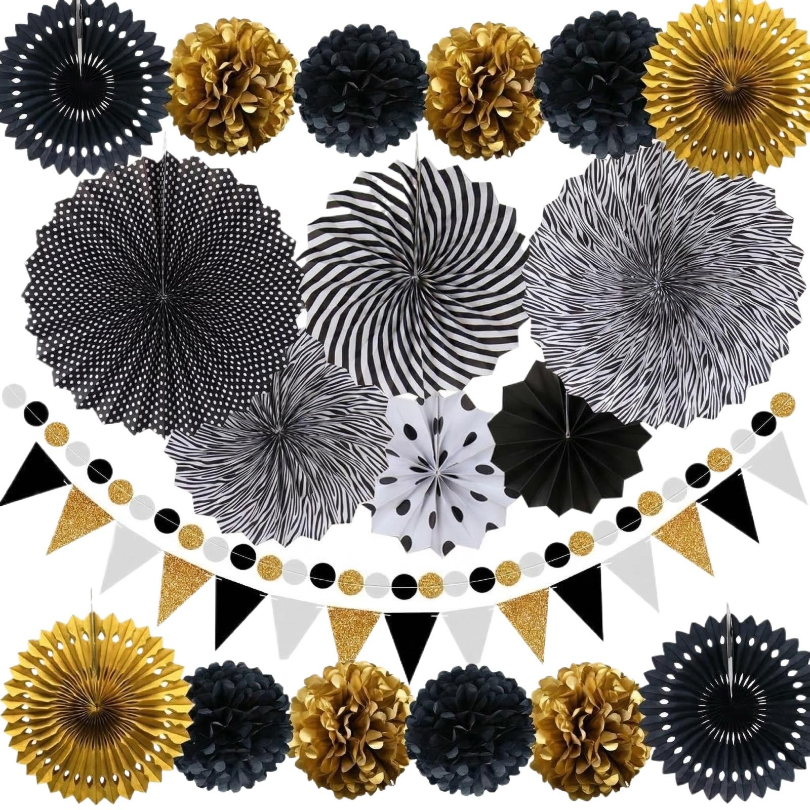 20-Piece Paper Fan Party Decoration Set: Pom-Poms, Pre-Assembled Pennant Banner, And Flag String Decorations One Size чёрный