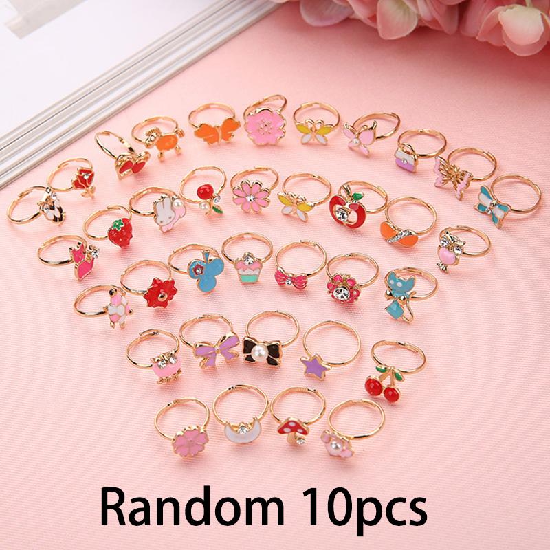 10pcs Cute Cartoon Kids Rings Kawaii Korean Children Girls Flower Alloy Finger Ring Child Jewelry Gift Adjustable Rings