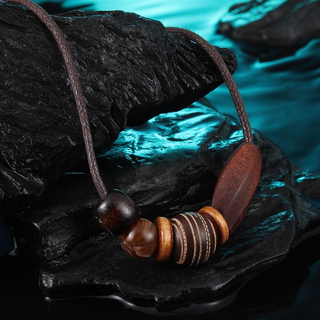 Retro Coffee Pendant Necklace with Wooden Beads - Irregular Long Chain for Women and Men, Chinese Style Fall/Winter Accessory