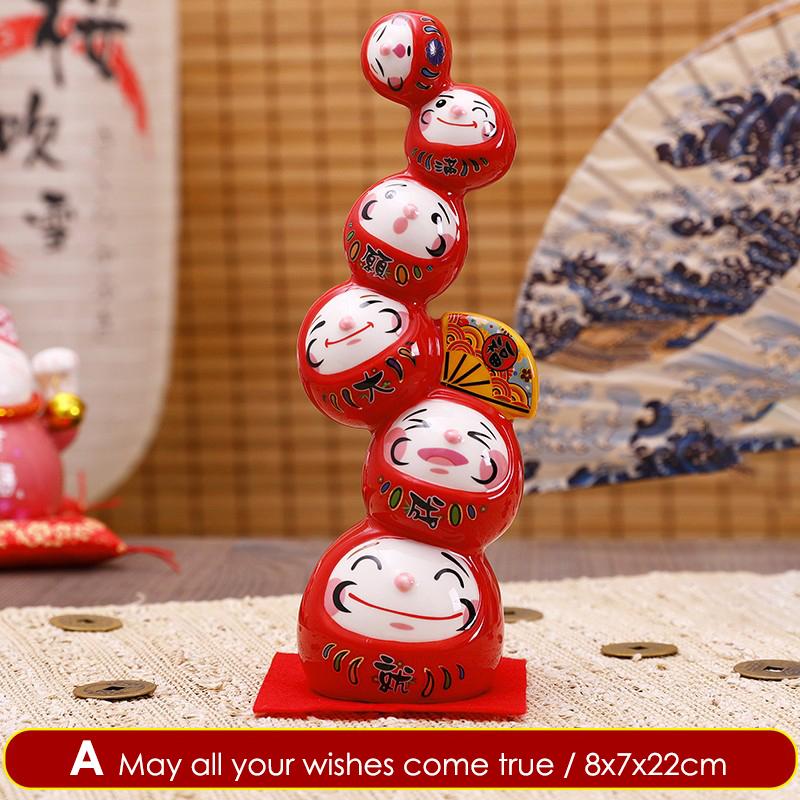 22cm Ceramic Daruma Tower Japanese Porcelain Maneki Neko Lucky Cat Collectible Figurine Dharma Good Luck Zen Statue