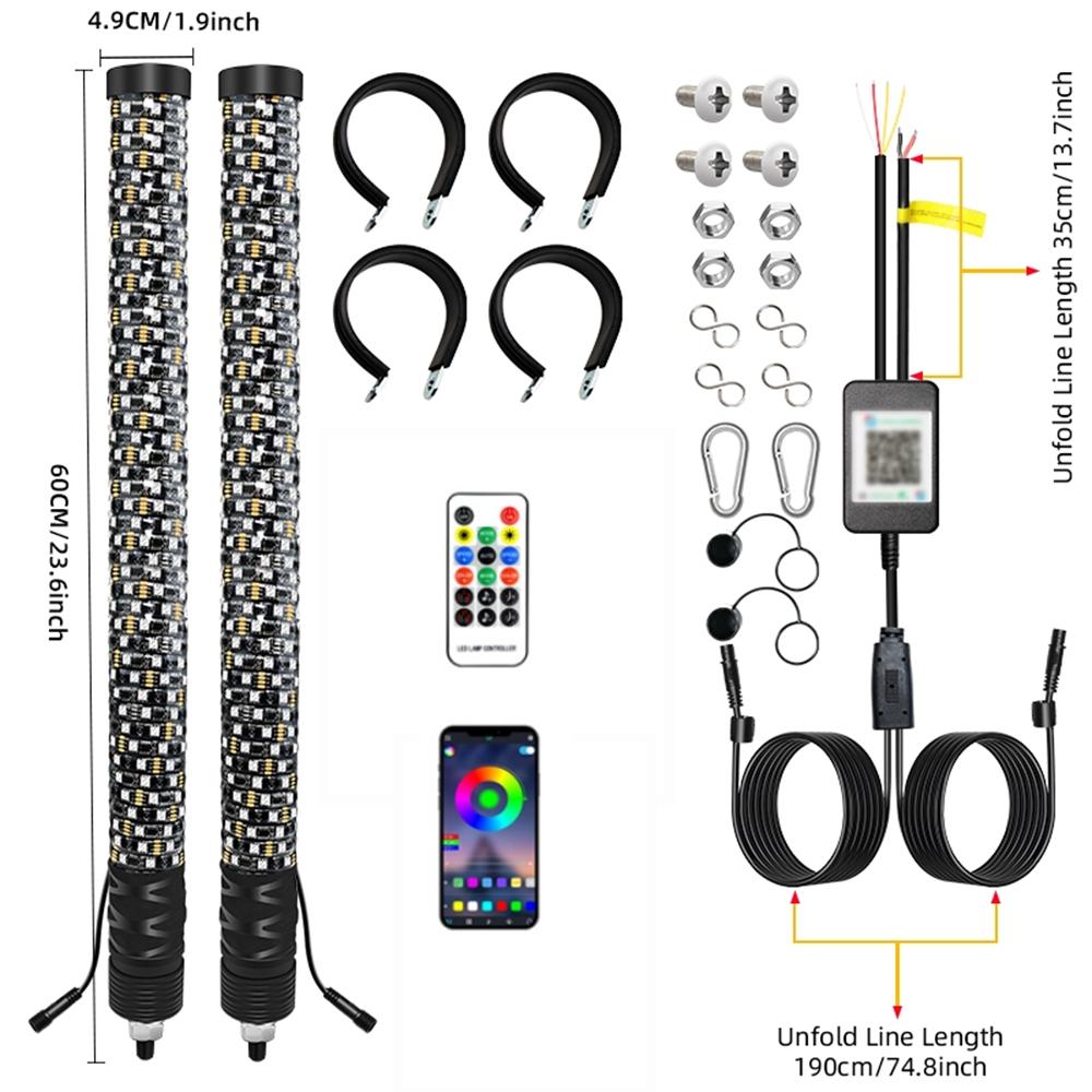 2FT RGB LED Antenna For RZR with Flag LED Whip Lights App & Remote Control Spiral Lights Off-road and UTV Accessories