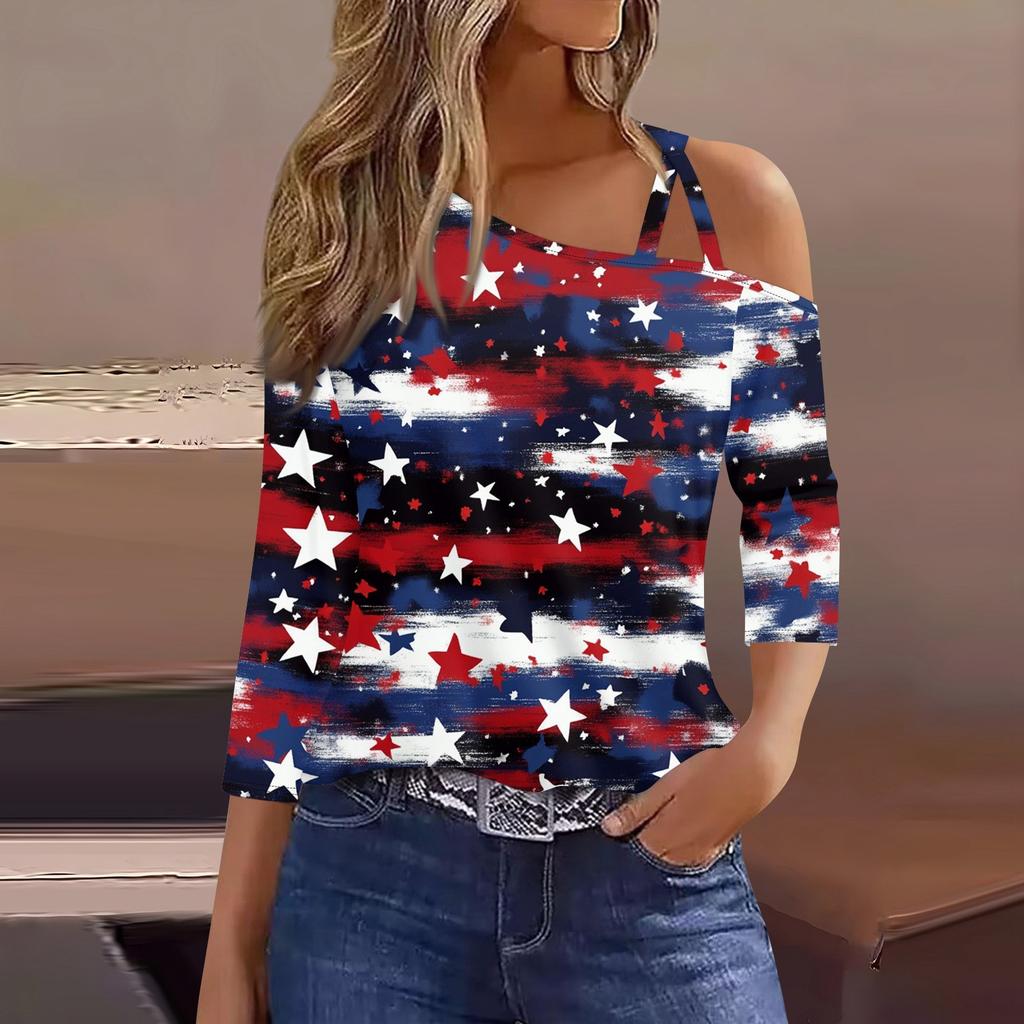 Women's Fashion Casual Independence Day Print Sexy Cold Shoulder 3/4 Sleeve T-shirt Top