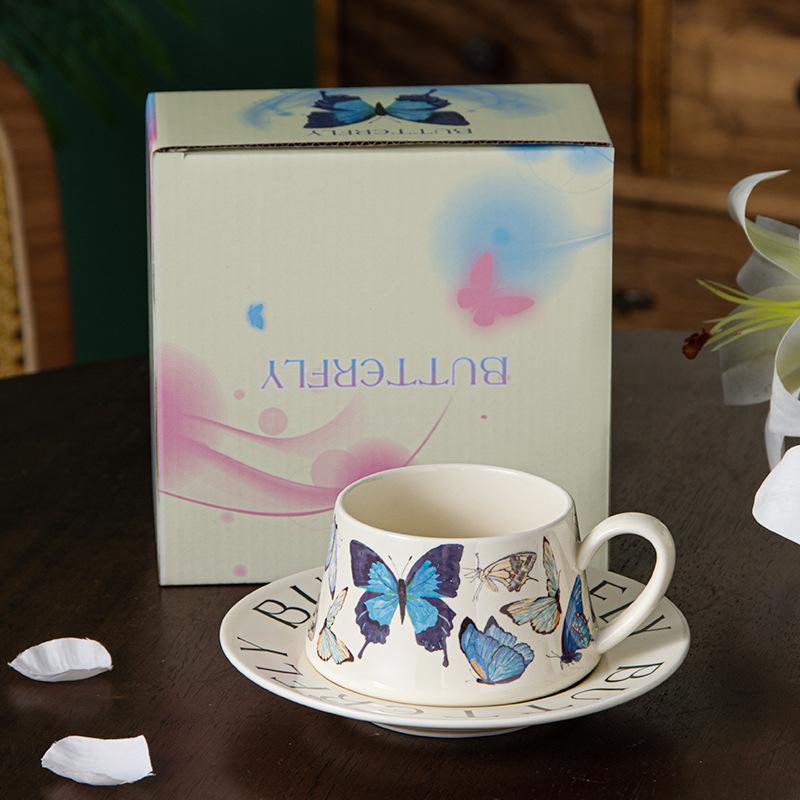 High Value Butterfly Coffee Cup Saucer Set Ceramic Mug Girl Drinking Water Cup Luxurious High End Souvenir