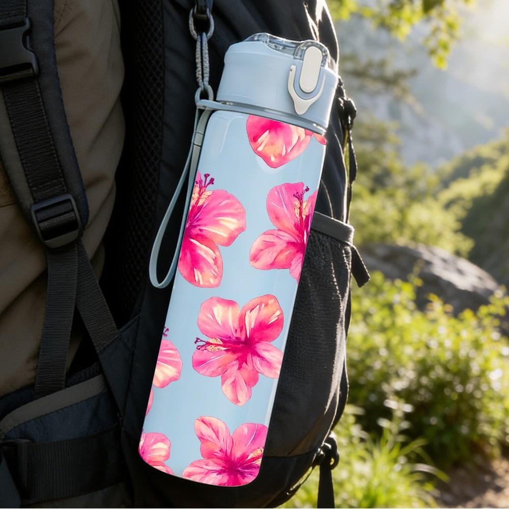 1PC Pink Hibiscus Floral Bloom Print 750ml Color Plastic Sports Water Bottle Leakproof Flip Straw Lid Suitable for Sports Office Home Use