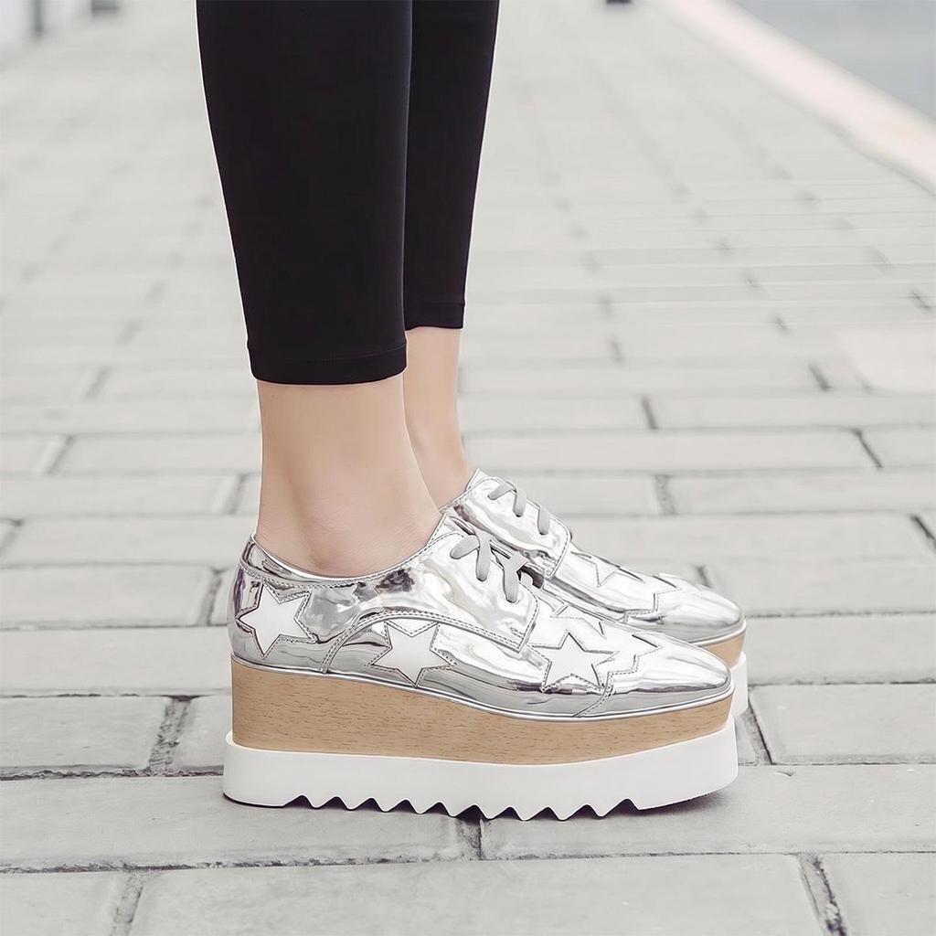 Korean 2025 Star Patent Leather Wedge Heels - Women's Stylish Thick-Soled Platform Shoes with Square Toe In Casual British Style