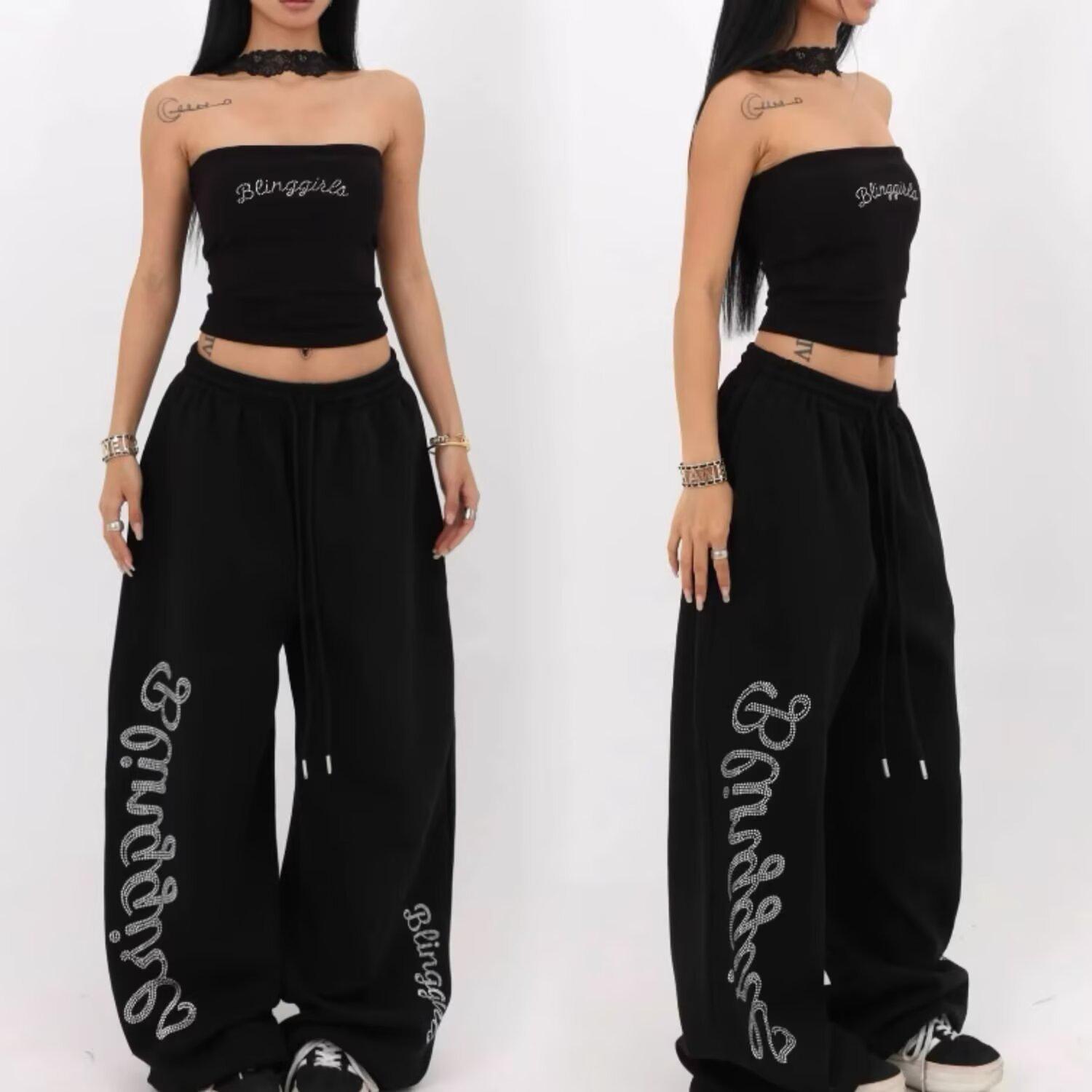 

Trendy Women s Rhinestone Jazz Hip Hop Sweatpants: Loose Fit, Straight Leg Small