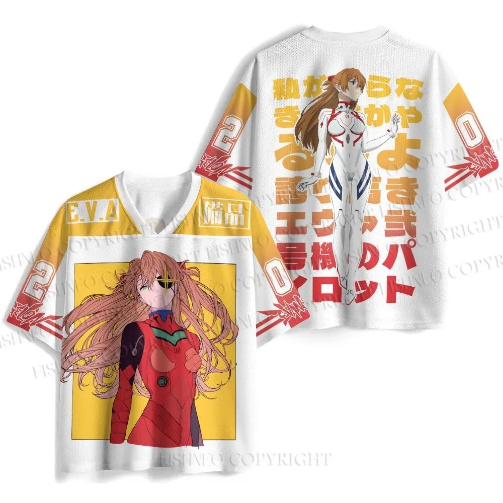 New Anime Neon Genesis Evangelion Rei Ayanami Print Mesh Jersey T-shirt Men Oversized Streetwear V-Neck Casual Short Sleeve Tops