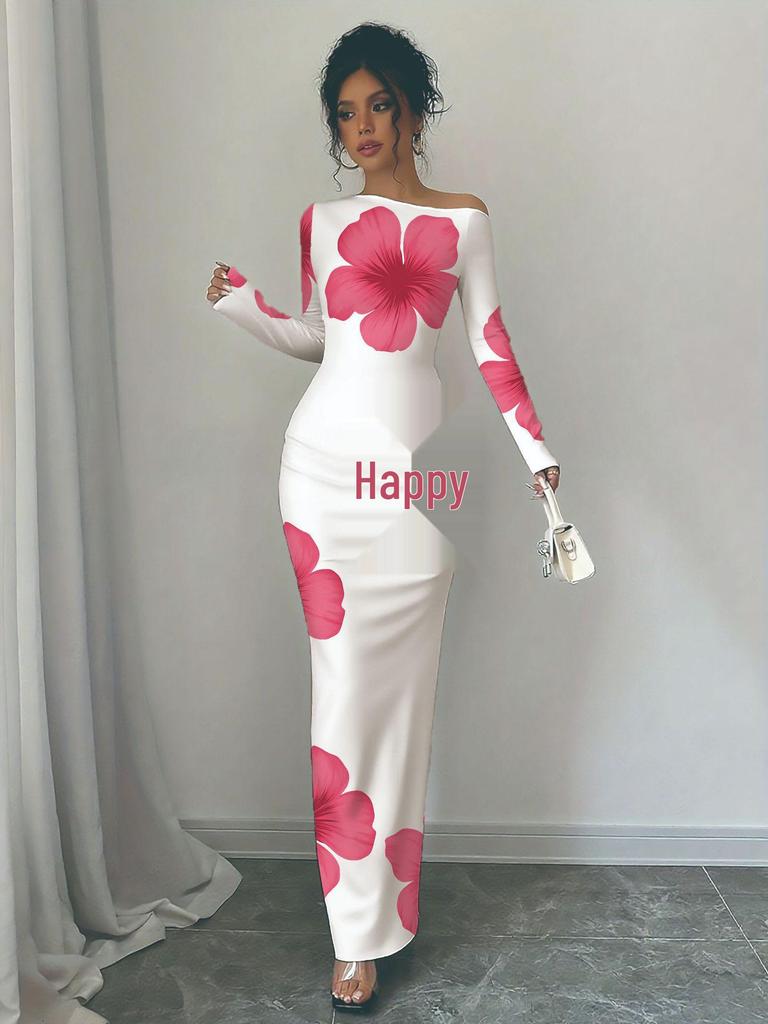 2026 One-Shoulder White Floral Slim-Fit Maxi Dress for Women
