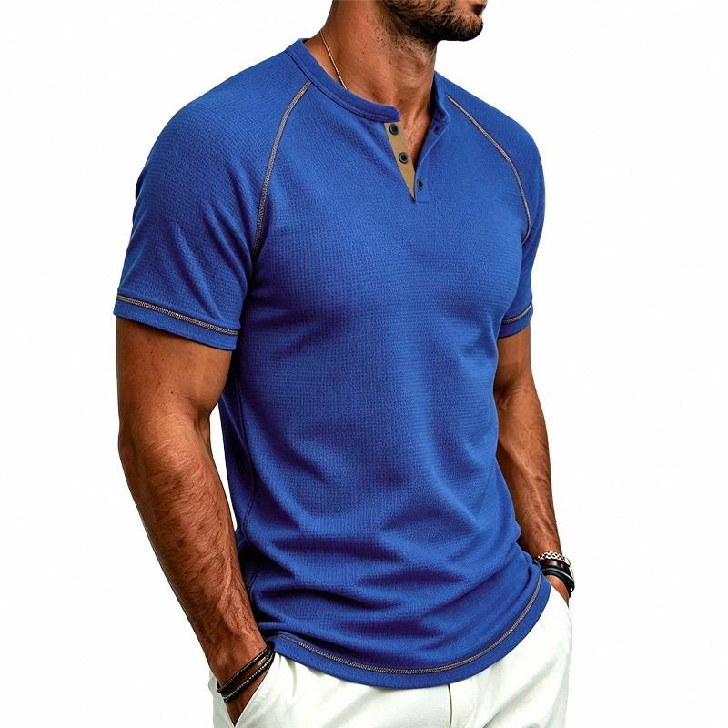 Mens Waffle Henley Collar Raglan Short Sleeve Color Block Casual T Shirt
