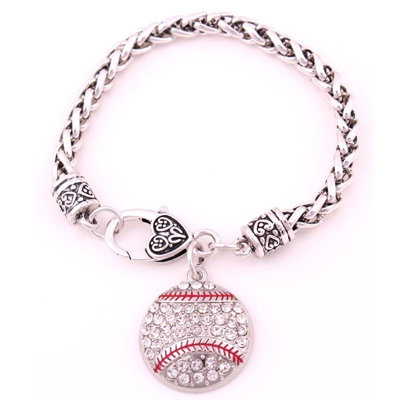 Full Rhinestones Round Softball Baseball Pendant Heart-shaped Lock Men and Women Bracelet