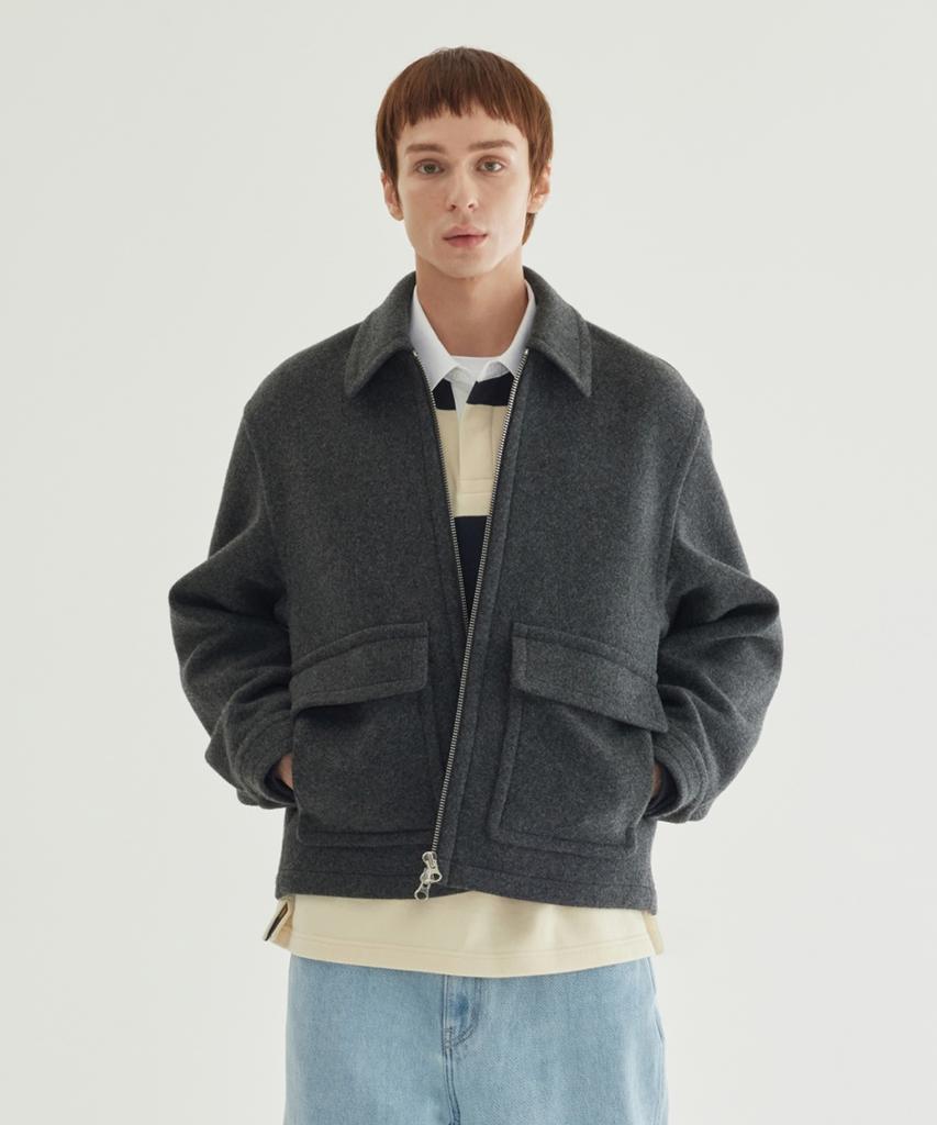 COVERNAT Wool Zip-Up Half Coat Charcoal
