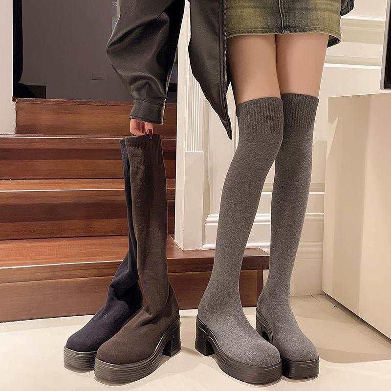 Popular autumn and winter thick-soled knitted boots children's socks long boots elastic over the knee fashion round head medium heel high boots