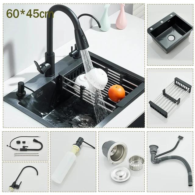 304 Stainless Steel Brushed Waterfall Kitchen Sink 4-Hole Large Single Slot Integrated Faucet Set Soap Dispenser/Pure Water/Cup