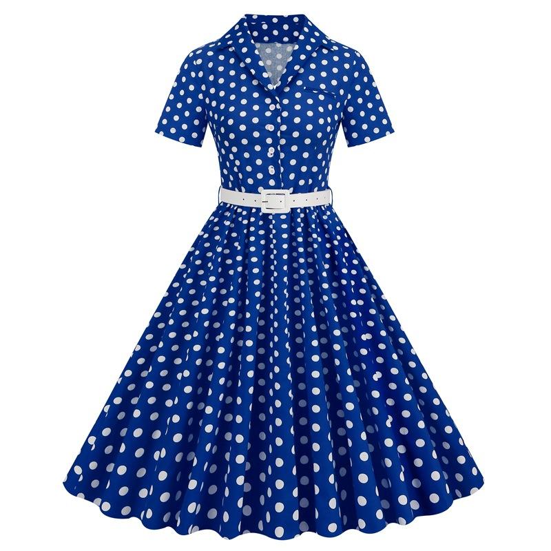 GMXIA Women's Polka-dot Patchwork Belt Short-sleeved Dress Hepburn Vintage Dress