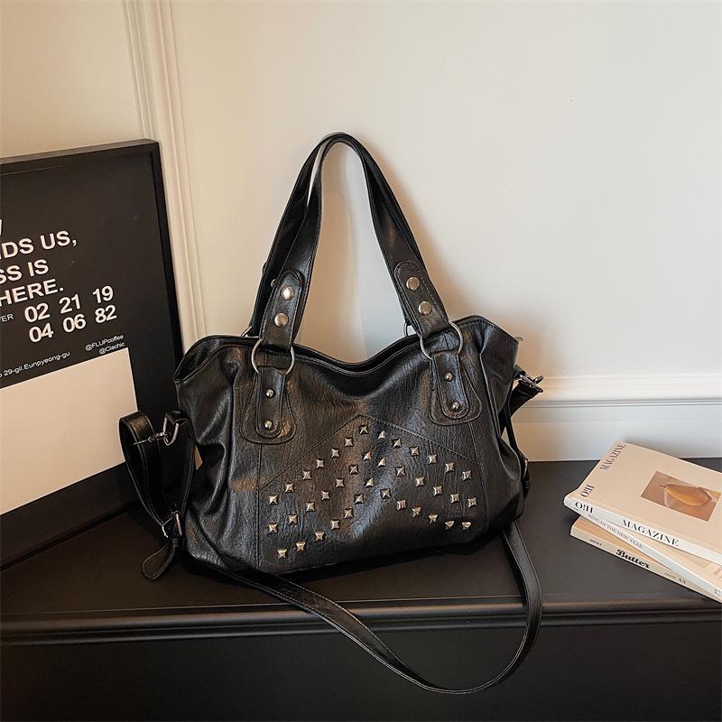 Women's Retro Punk Motorcycle Tote Bag with Rivets - Large Capacity, Fashionable Handheld or Shoulder Style
