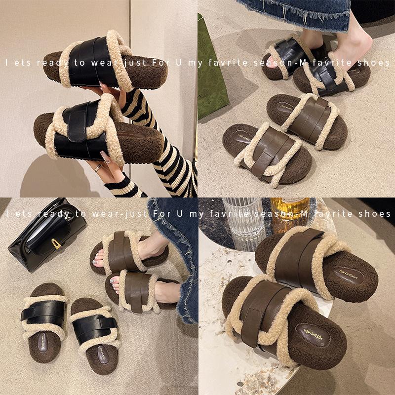 Retro design sense color matching Mao Mao one-word women 2025 autumn and winter new outer wear versatile flat heel comfortable cotton slippers
