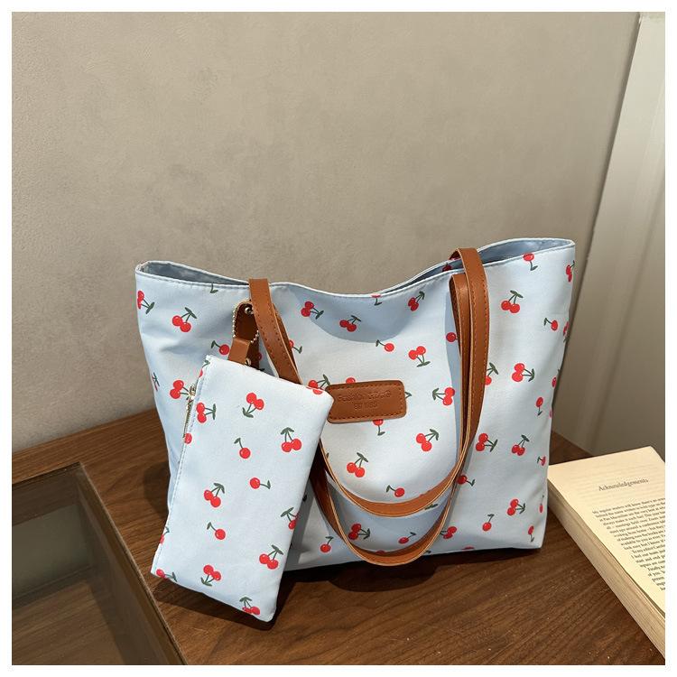 Damen Canvas-Tragetasche mit Kirschmuster, lässige große Schultertasche mit passendem Münzbeutel zum Einkaufen