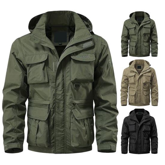 Pánská bunda Odstranění klopy Bunda s kapucí a dlouhým rukávem Kabát s více kapsami Design Jednobarevná léga na zip Venkovní bunda