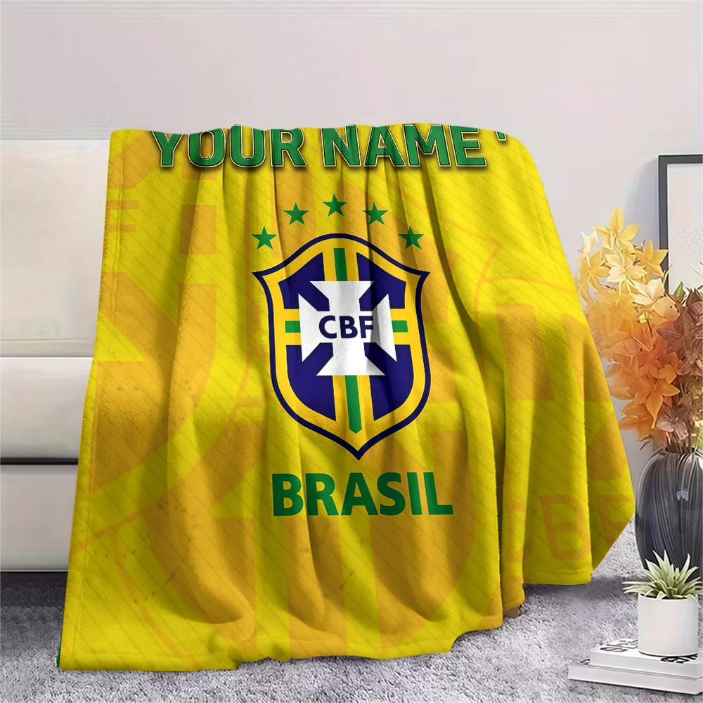 Custom Name Brazil Football Confederation Flannel Blanket, High quality Comfortable for All Seasons, Home Decor, Warmth and Comfort