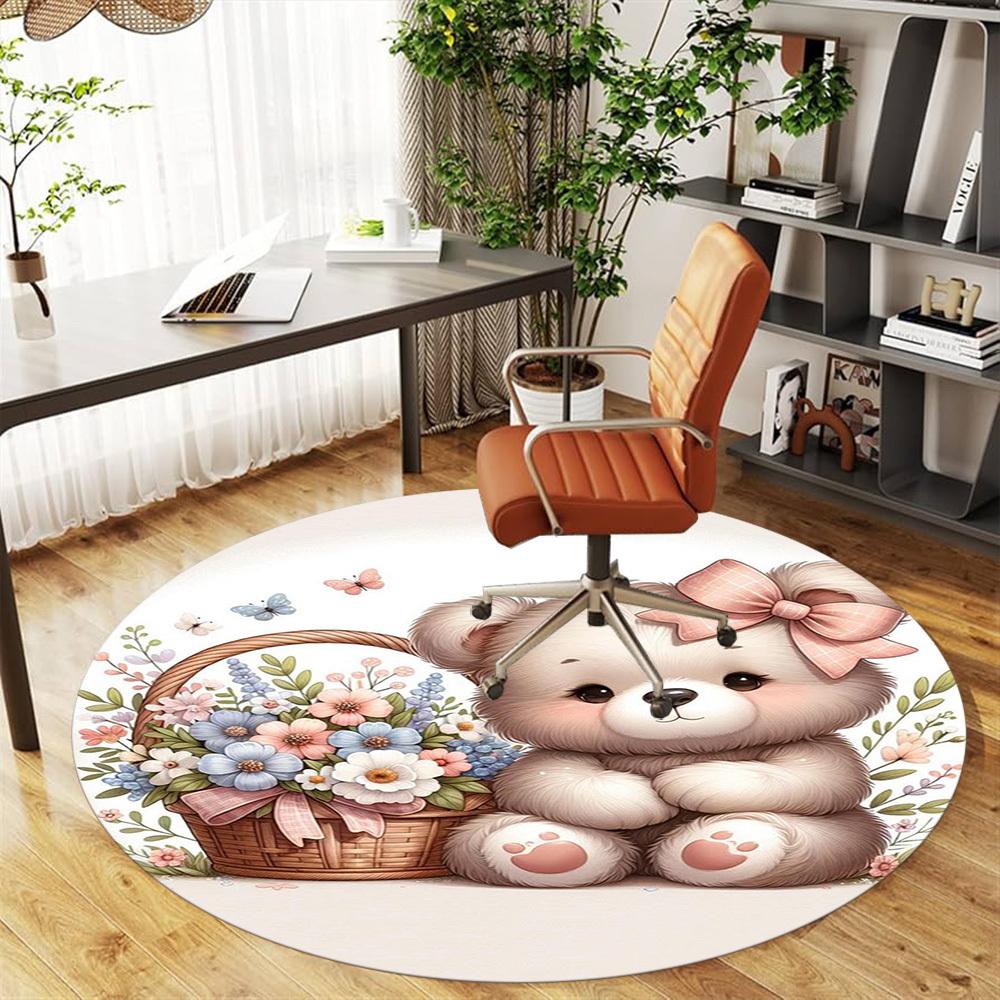 1PC Teddy bear Basket of flowers Bow Round Chair mat Area Rug - Non-Slip, Floor Mat for Office, Bedroom, home decor Christmas Gift c0528052