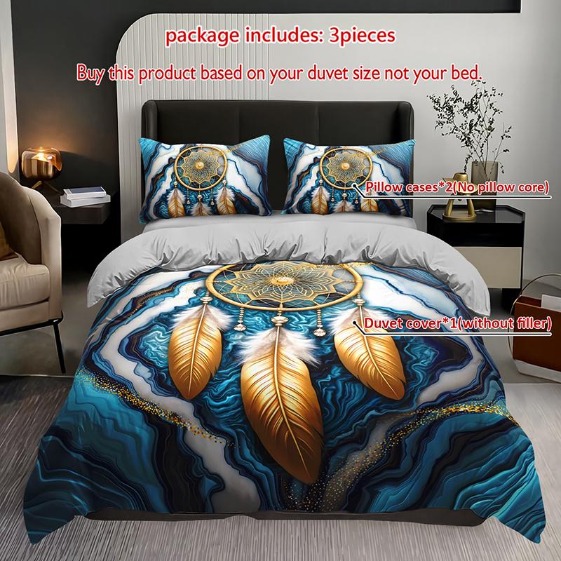 3pcs Bohemian Dreamcatcher Bedding Duvet Cover Set Teal Golden Dreamcatcher Bedding Set Bohemian Themed Bed Quilt Set Luxury (135x200cm)
