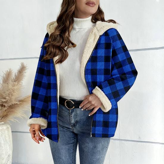Women's Sherpa Plaid Shacket Long Sleeve Fleece Lined Jacket Oversized Warm Zip Up Hooded Coat Winter Outerwear