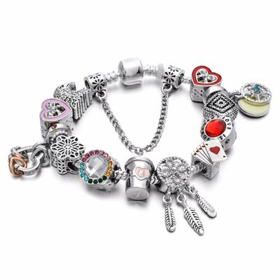Moda Plata Antigua Chapada Pulseras y Brazaletes de Pa Pulsera con Dijes de Corazón de Cristal para Mujeres DIY Joyería Original Regalo