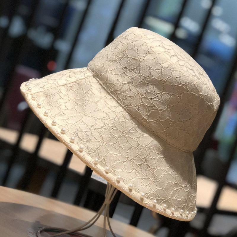 Women Fashion Lace Pearls Bucket Hat Summer Sun Protection Cap Outdoor Beach Hat