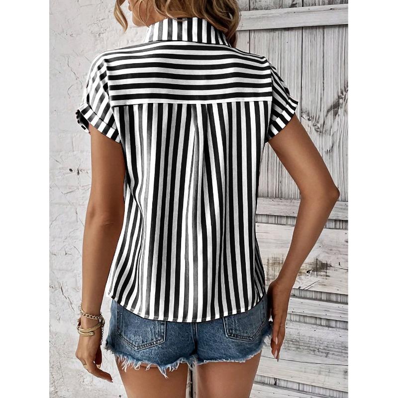 JKASHDK Women's Fashion Casual Summer Spring Stripe Print Short Sleeve POLO Neck Blouses & Shirts