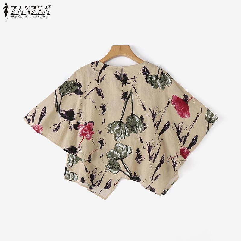 ZANZEA Women Casual Crew Neck Cape Shape Short Sleeve Print Blouse