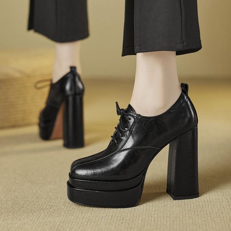 Fashion Super High Heel Single Shoes Autumn New Round Toe Front Strappy Platform Non-slip Wear-resistant Block Heel Shoes