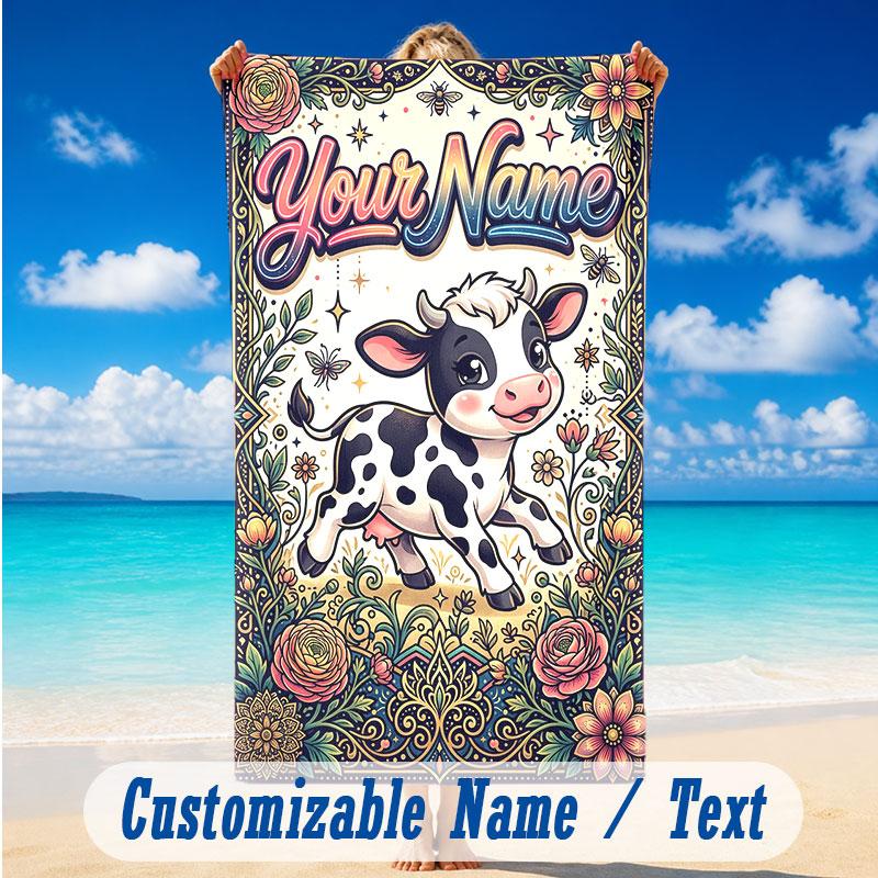 Cow Highland Theme Beach Towel Personalized Custom Name & Text Soft Quick Dry Beach Towel for Swimming Travel