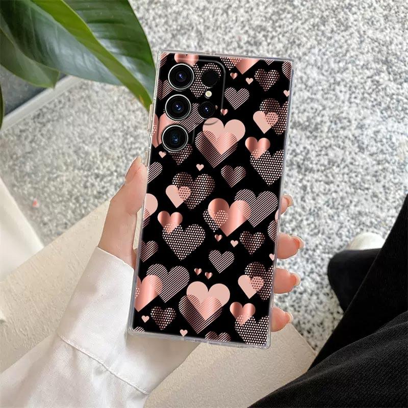 

Gold Pink Rose Glitter Hearts Phone Case For Samsung S24 S23 Ultra S22 S20 Plus S21 FE Clear Cases Cover Galaxy S24Ultra Fundas Samsung S10 Plus