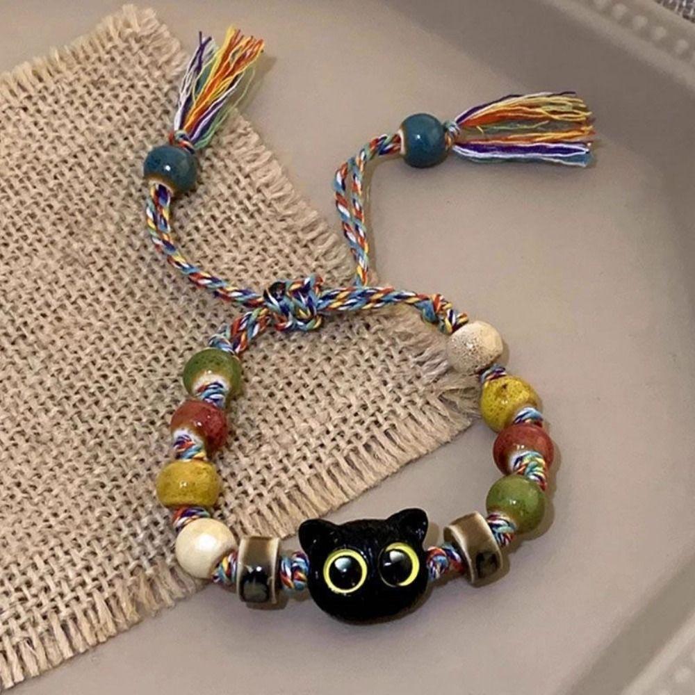 Skull Cat Handmade Bead Bracelet Ceramics Bead Cartoon Hand Ring Vintage Black Cat Bracelet  Women