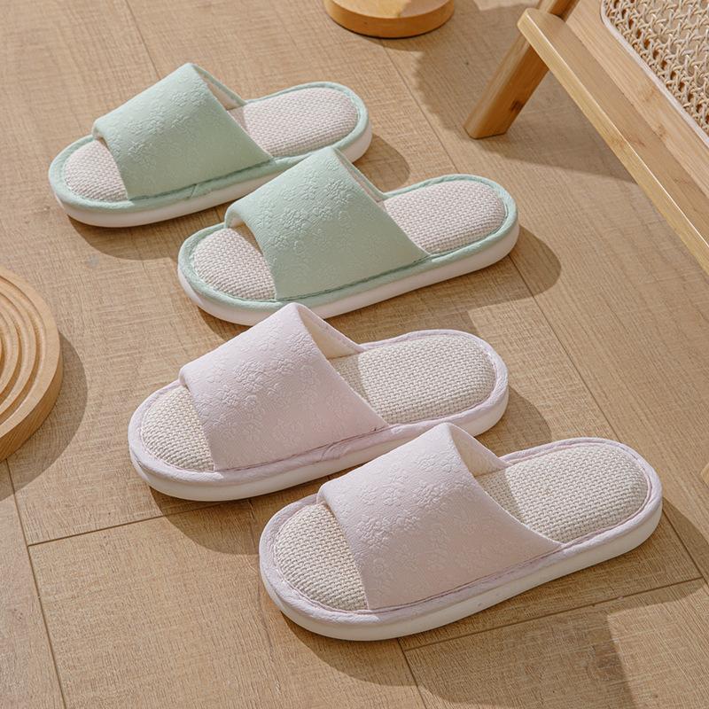Elegante Hausschuhe mit Fell Leinenhausschuhe Indoor Mädchen Geprägte Sandalen Hausschuhe Frühling und Sommer Stoff Baumwollhausschuhe Hausschuhe Rosa