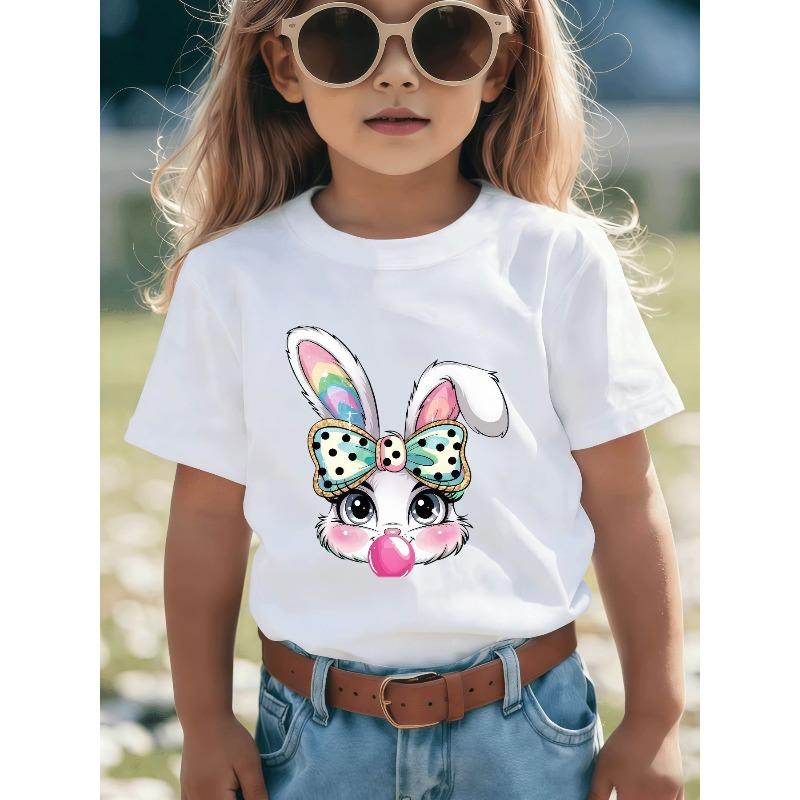 European Size Childrens Round-neck Short-sleeved T-shirt with Rabbit Pattern Print