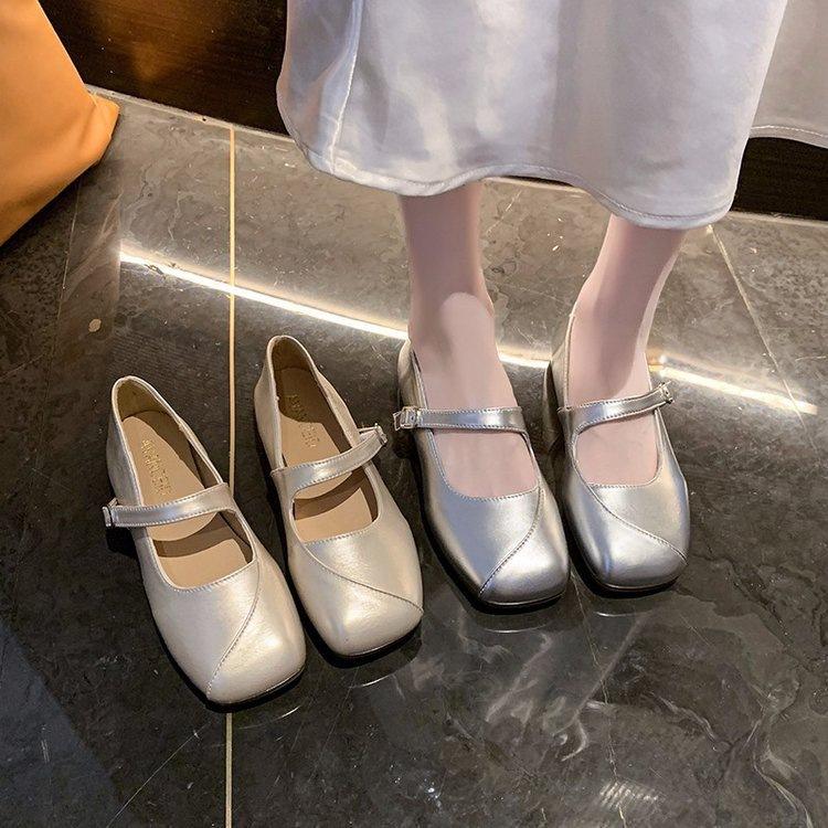 French Mary Jane with Skirt Single Shoes Women's 2025 Autumn New Silver Square Head Light Mouth Flat Bottom Gentle Small Leather Shoes
