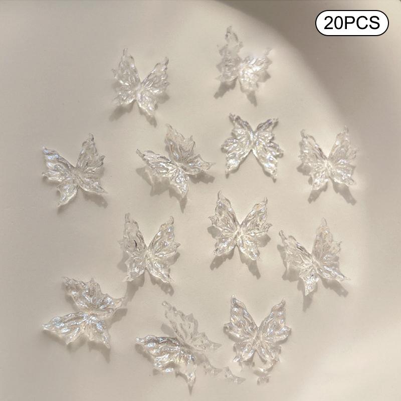 20Pcs Ice Through Temperature Softening Butterfly Nail Accessory 3D Gradient Color Butterfly Wearing Nail Resin Drill Decoration