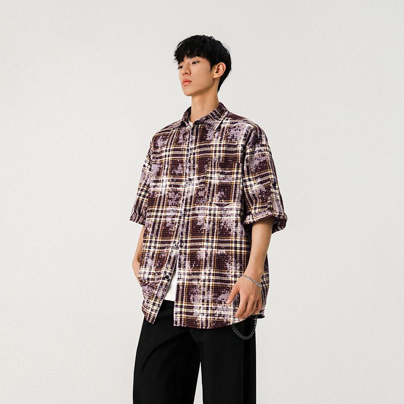 

Мужская японская рубашка в клетку в стиле ретро с коротким рукавом и эффектом тай-дай XL красный