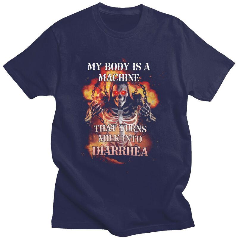 

Milk Into Diarrhea Funny Skeleton T Shirts Pure Cotton Tee Tops Summer O Neck Humor Quote Sarcastic Joke Tshirt 4XL