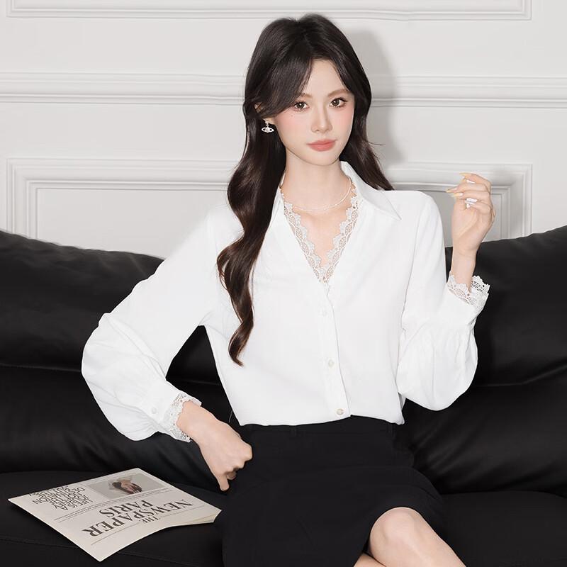 Women's Polo Collar Lace Trim Long Sleeve Shirt