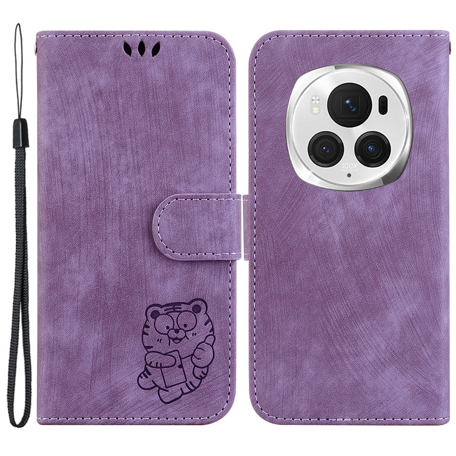 

For Honor Magic6 Pro 5G Case Wallet Leather Phone Cover Cute Tiger Imprint Purple