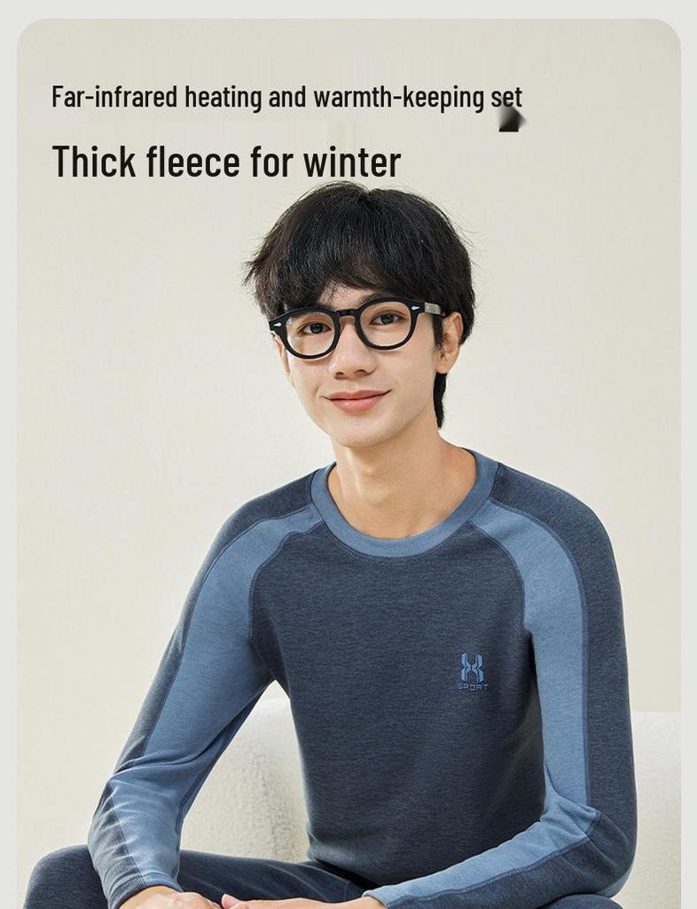 Teen Boys' Warm Cotton Wool Underwear Set - Autumn/Winter Base Layer Top & Trousers