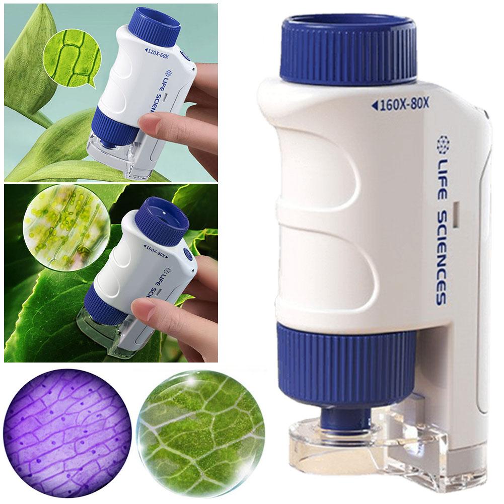 Handheld Microscope Mini Pocket Microscope Kit 60-120x Lab Microscope Zoom Wheel Adjustable with LED for Kids Educational