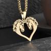 Trendy Stainless Steel Hollow Double Horse Heart Pendant Necklace for Couples Versatile Hip-Hop Sweater Chain Accessory Gifts