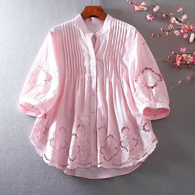 Station Hollow Embroidery Flower Heavy Industry Loose Lotus Leaf Edge Premium Sense Cotton and Linen Shirt Women's Top Summer