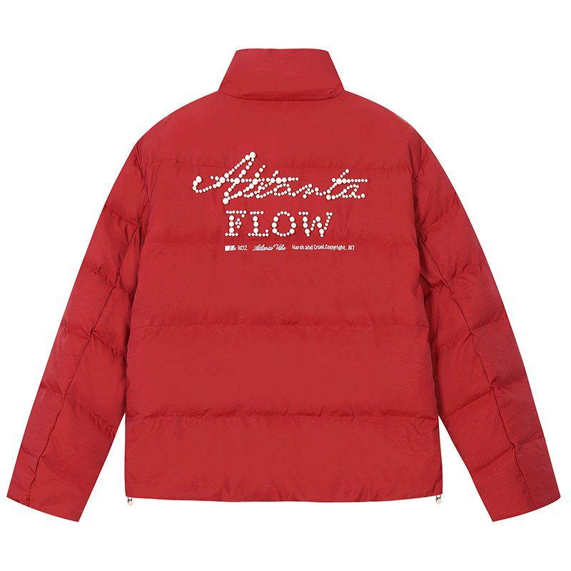 

Harshandcruel American Retro Pearl Embroidery Beads Character Embroidery Self-Heating Black Gold Lining down Jacket Ordos Red XL