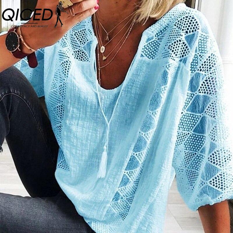 

QICED Женские модные повседневные блузки и рубашки с V-образным вырезом и принтом однотонного цвета XXXL синий